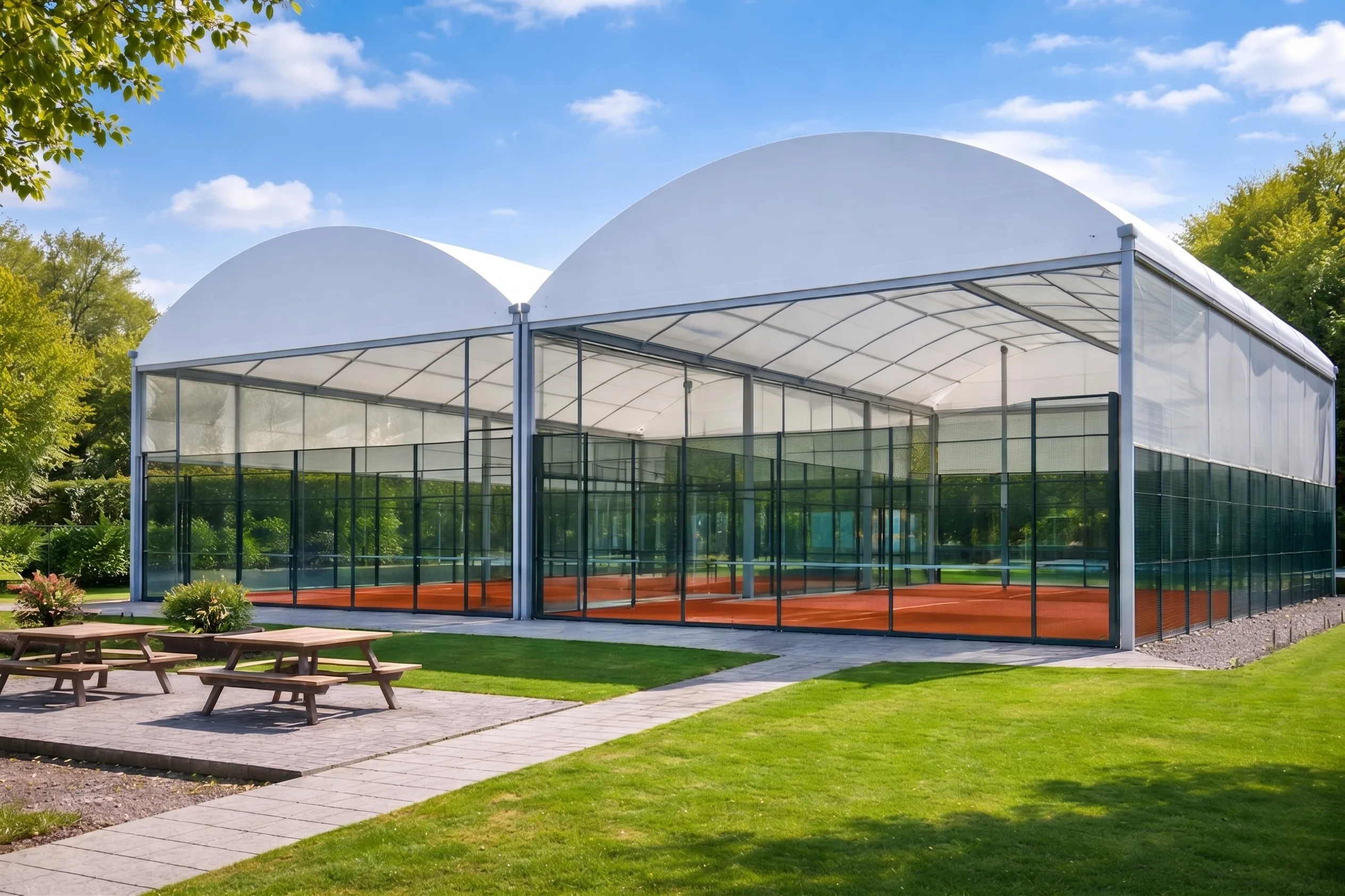 Canopied padel courts with glass walls and tensile roof