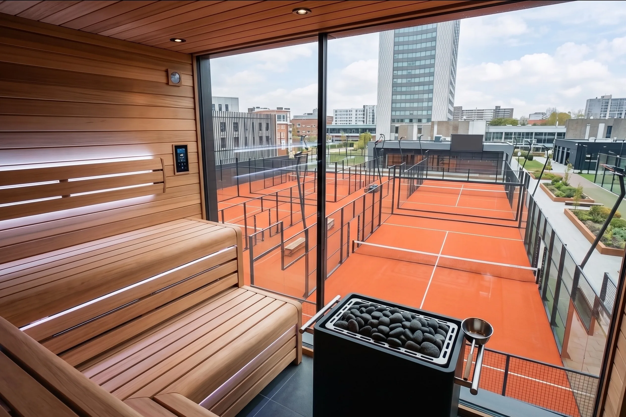 Outdoor padel court with wooden clubhouse behind
